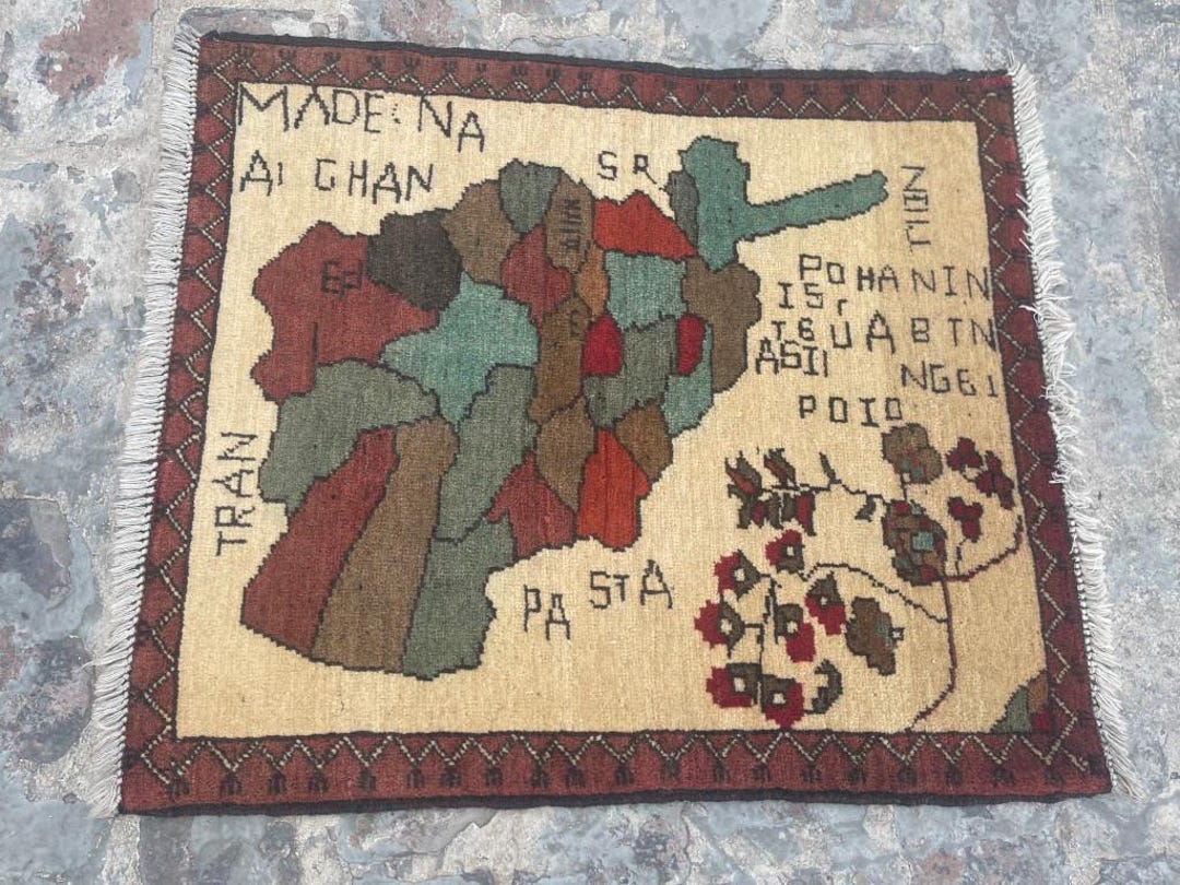 Afghanistan Map Pictorial Rug 2x2'4 | Beige Red Green Brown Hand ...
