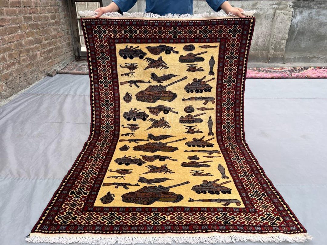 Millitary Rugs 3'10x5'7 Ft Afghan Handmade Baluchi War Rug - Pictorial Tank Helicopter ...