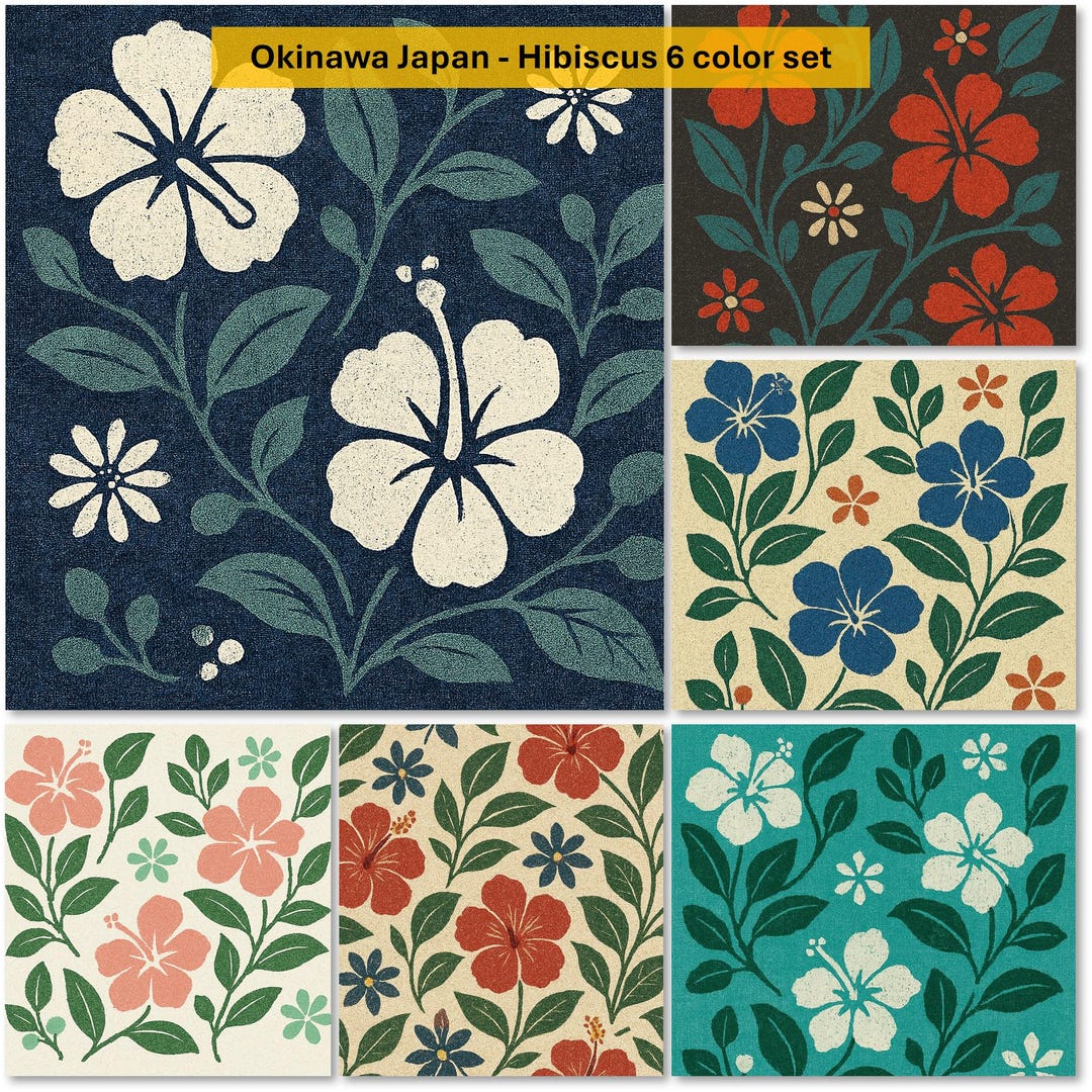 Japanese Okinawa Hibiscus Pattern – 6 Color Set | Digital Paper - Etsy