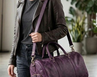 Handmade Full Grain Leather Duffle Bag in Plum Purple, Distressed Leather Travel Bag, Unisex Weekender Bag, Large Gym Bag, Gift for Her Him