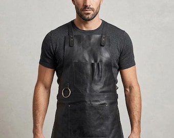 Professional Leather Chef Apron - Full Grain Black Leather Barber Apron - Cross Back Apron with Tool Pockets - Leather Tattoo Artist Apron