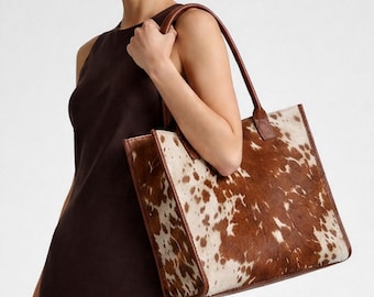 Cowhide Leather Tote Bag for Women, Large Handmade Hair-on-Hide Shoulder Bag, Western Style Everyday Carry Bag, Animal Print Purse