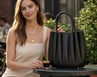 Pleated Leather Tote Bag - Black Tulip Bucket Bag - Designer Ruched Shoulder Bag for Women - Genuine Leather Handbag - Vegan Leather Purse