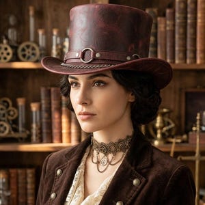 May include: A burgundy leather top hat with a wide brim, metal accents, and a chain detail. The hat is worn with a brown jacket and a steampunk-style choker necklace.