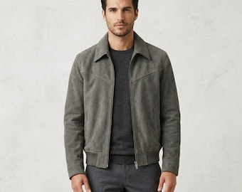 Handmade Men's Suede Bomber Jacket - Premium Cognac Suede Leather Harrington Jacket - Classic Western Style Suede Coat for Men