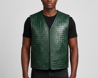 Green Crocodile Embossed Leather Vest - Handmade Men's Genuine Cowhide Leather Waistcoat - Luxury Leather Biker Gilet