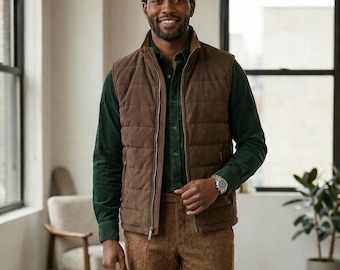 Men's Quilted Suede Leather Vest – Puffer Waistcoat Gilet