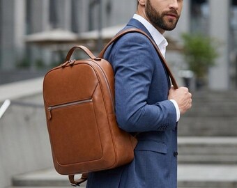 Handmade Cognac Leather Backpack - Unisex Slim Laptop Bag - Brown Minimalist Rucksack for Men and Women - Professional Work & Travel Bag