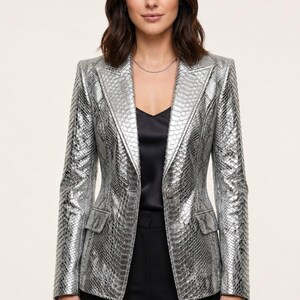 Silver Snakeskin Blazer Women, Metallic Python Leather Jacket, Fitted Embossed Silver Suit Jacket, Statement Party Blazer, Futuristic Coat