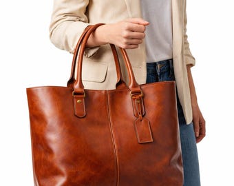 Handmade Leather Tote Bag for Women - Large Cognac Leather Laptop Bag - Work Bag - Everyday Bag- Premium Leather Shoulder Bag - Gift for Her