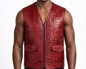 Men's Red Crocodile Embossed Leather Vest – Genuine Cowhide Biker Gilet