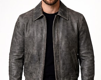 Men's Aviator-Inspired CowHide Bomber Jacket, Distressed Grey Jacket for Men, Vintage Grain Cowhide Leather Flight Jacket, Father's Day Gift