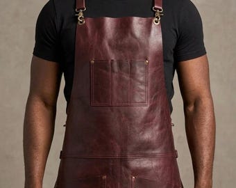 Personalized Burgundy Full Grain Leather Cross Back Apron – Chef Woodworker Barber Tool pocket Apron