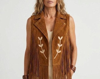Women’s Suede Fringe Vest - Western Boho Style Waistcoat, Brown Leather Tassels Gilet, Wild At Heart Embroidered Festival Top, Cowboy Outfit