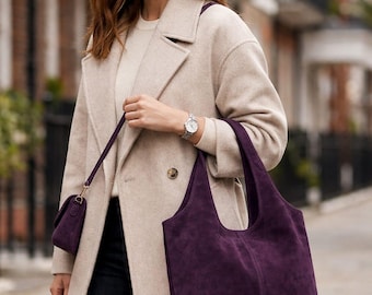 Deep Plum Suede Hobo Tote Bag,  Minimalist Large Shoulder Tote, Soft Genuine Leather Handbag, Rich Purple Suede Everyday Purse