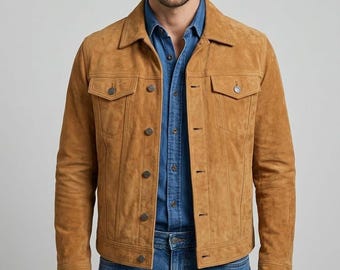 Handmade Men's Suede Leather Trucker Jacket - Slim Fit Western Style Real Leather Coat - Classic Jean Jacket Style in Tan, Brown, and Beige