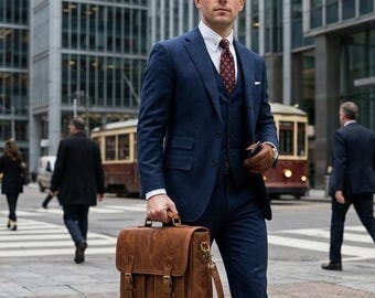 Handmade Full Grain Leather Messenger Bag for Men - 15" Laptop Briefcase - Personalized Distressed Leather Shoulder Bag - Gift for Him