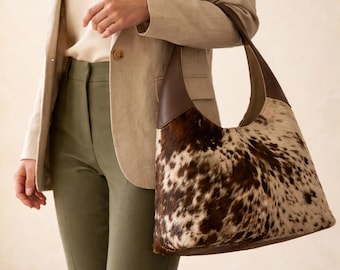 Cowhide Hobo Bag for Women, Hobo Purse,Brown Leather Shoulder Bag, Tricolor Hair on Hide Tote, Western Style Handbag, Handmade Gift for Her