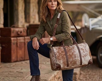 Genuine Cowhide Duffel Bag Mens Leather Weekender-Hair on Hide Travel Bag - Large Western Overnight Bag-Handmade Luxury Luggage Gift for him