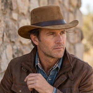 Puede incluir: Un sombrero de ante marrón con una banda de cuero marrón oscuro. El sombrero tiene un ala ancha y una corona ligeramente hundida. La persona de la imagen lleva una chaqueta de cuero marrón y una camisa vaquera azul.