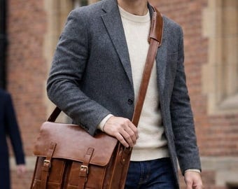 Full Grain Leather Messenger Bag for Men & Women, Unisex Leather Laptop Briefcase, 15" Computer Satchel, Handmade Crossbody Office Bag