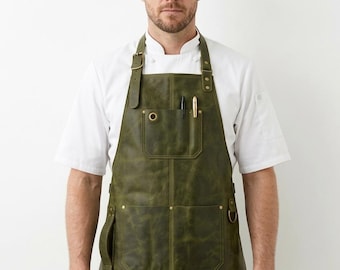 Olive Green Leather Chef Apron – Professional Artisan Workwear, Woodworker Tool Apron
