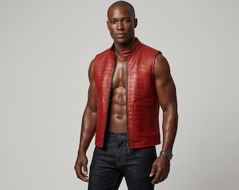 Men's Crocodile Embossed Leather Vest – Biker Style Gilet Waistcoat