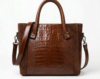 Handmade Leather Tote Bag, Croc Embossed Shoulder Bag, Suede Leather Work Bag for Women & Men, Large Unisex Crossbody Satchel, Brown Handbag