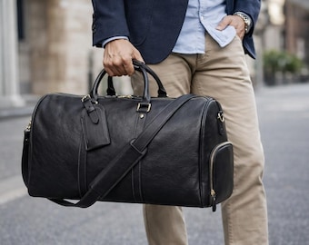 Handmade Full Grain Black Leather Duffle Bag - Unisex Weekender Travel Bag - Large Capacity Overnight Carry On - Personalized Gym Bag