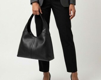 Handmade Black Pebbled Leather Hobo Bag for Women, Minimalist Shoulder Bag, Large Leather Tote, Everyday Work Bag, Slouchy Leather Purse