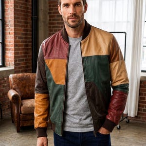 Chaqueta bomber de cuero patchwork para hombre, chaqueta de cuero auténtico con bloques de color estilo vintage, chaqueta universitaria multicolor geométrica retro, regalo para él.