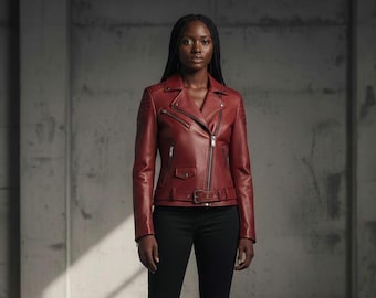 Women's Genuine Leather Red Biker Moto Jacket – Slim Fit Quilted Shoulders