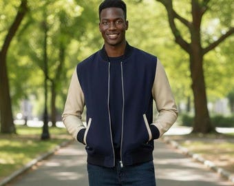 Handmade CowHide Leather Varsity Jacket Navy Suede & Cream leather Premium Bomber Jacket - Letterman Style Two-Tone Outerwear