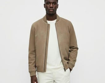 Men's Taupe Suede Bomber Jacket – Minimalist Sand Leather Varsity Style