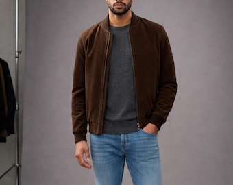 Handmade Men's Brown Suede Leather Bomber Jacket - Premium Goat Suede Varsity Jacket - Classic Slim Fit Soft Suede Coat - Gift for Him
