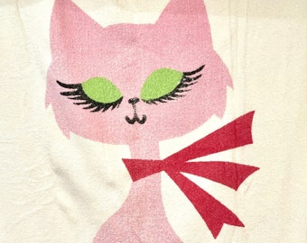 Vintage Mid Century Mod BEACH Towel Terrycloth Thin White Worn Wear Sexy Pink Kitten Cat Kitty Bathing Beauty Mod Patio Pool House Graphics