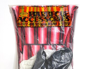 Vintage Mid Century Grilling Set Matching Chef Hat Oven Mitt Original Packaging NOS Apron Kitsch Retro Novelty 60s Mod PINK Black by Parvin