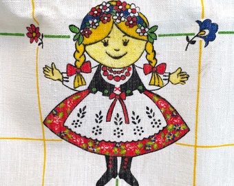 Vintage SET of 3 POLAND Souvenir Linen Tea Dish Towel Polaski Days Polish Dancer Polka Children Girl Boy Traditional Dress New Old Stock NOS