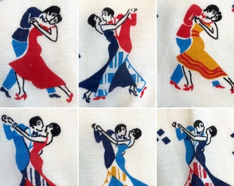 Vintage Ballroom Dancing Novelty Print Cotton Poly Blend Fabric Salsa Dancer Couples Swing Dance Waltzing Lovers Man Woman Flamenco Costume