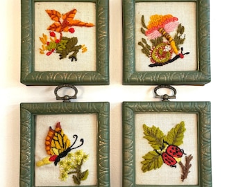 Vintage Set of 4 Forest Creatures Bugs Insects w/ Floral Small Crewel Wall Hanging Hand Embroidered Tiny Petite Little Spring Flower Garden
