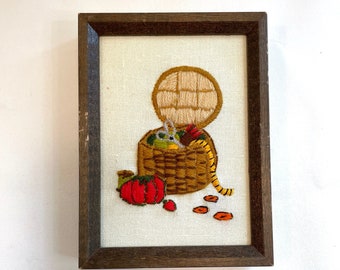 Vintage 6x8" Sewing Basket Small Framed Crewel Wall Hanging Hand Embroidered Frame Tiny Little Mini Craft Room Laundry Sew Pin Cushion