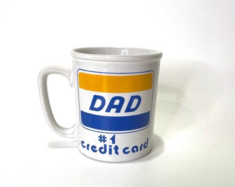 Vintage Funny Novelty Mug Coffee Tea Cup 80s Boho Retro Father's Day Number 1 Dad Broke Parent VISA Credit Card Joke Gen Z #1 Dad