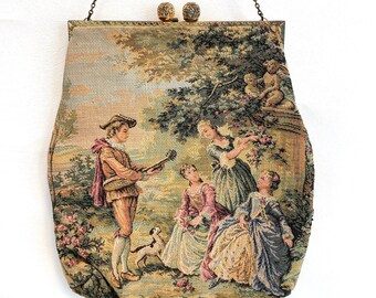 Vintage Walborg (Made in France) Antique Petite Point Tapestry Handbag Purse clamshell Ladies in Waiting Suitor Cherub Dog Courtship Romance