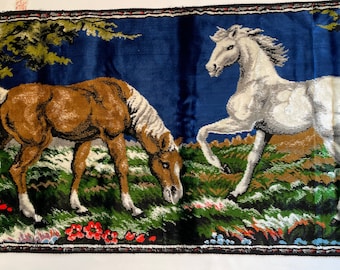 Vintage Horses in Pasture Italian Rug Wall Hanging Rayon Cotton Tapestry Carpet Gallery Wall Art Animal Print Velvet stallion Kentucky Derby