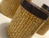 Vintage Four Piece Nesting Retro Tin Canister Set of 4 Floral Basket Weave Litho Print Harvest Gold Yellow Brown 70s Kitchen Complete Set