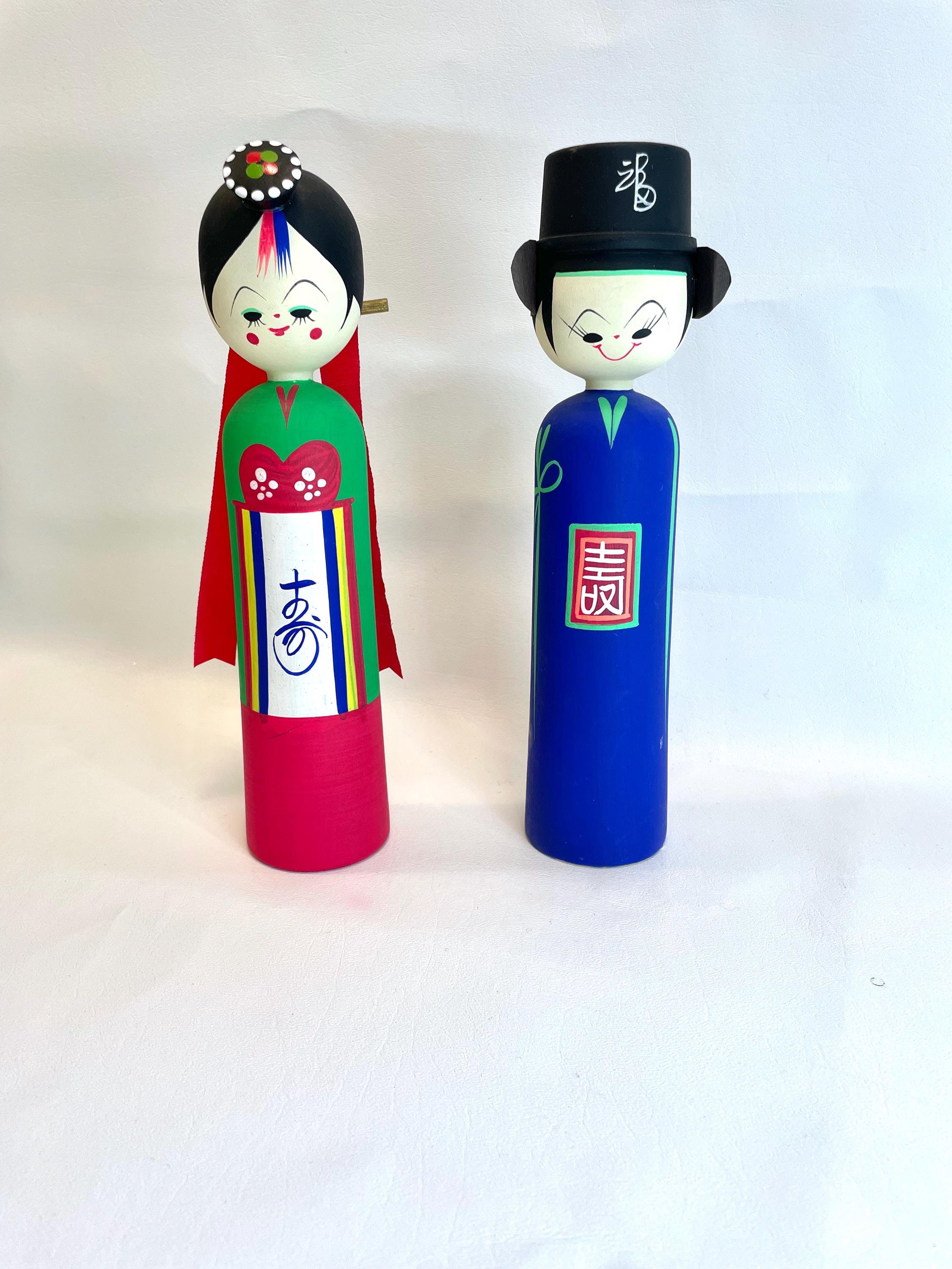 Vintage Korean Wedding Dolls Hand Painted Wooden Bride Groom