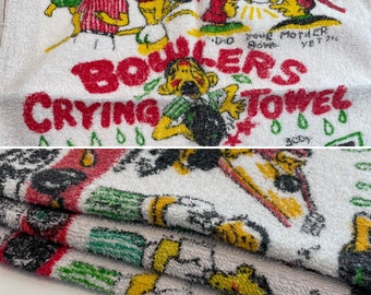 Vintage SET OF 3 Bowlers Crying Towel Novelty Bowling Alley Theme Hand Towel Black Red White Kitchen Rag Strike Spare Retro Humor GIFT