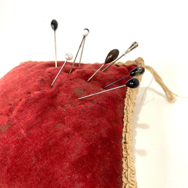 Antique Victorian Velvet Pin Cushion w/ Hat Pins Corsage Pins included Red Sharpening square Sewing Notions Supplies Beautiful Edwardian