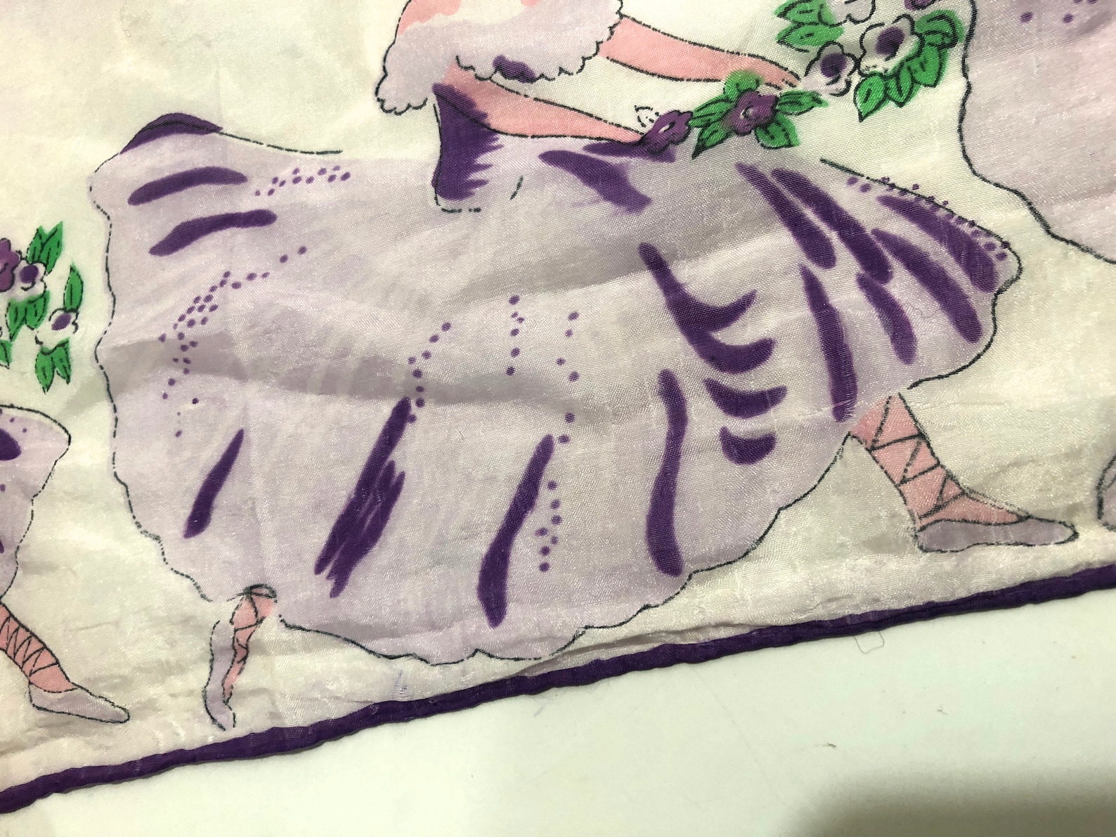 vintage large silk novelty scarf kitsch collectible ballet dancer girls dancing point shoes tutu waltz of the flowers purple lav
