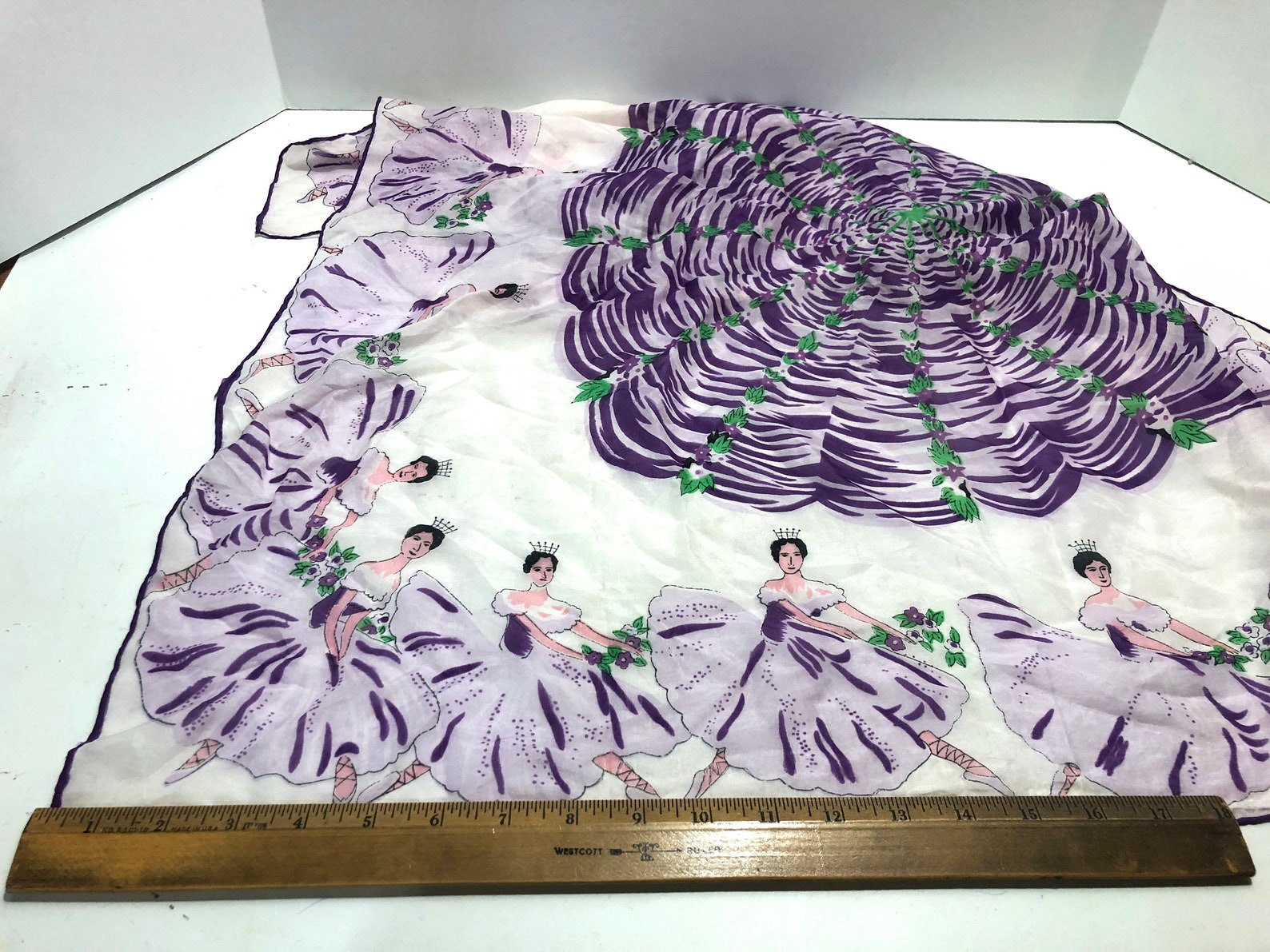 vintage large silk novelty scarf kitsch collectible ballet dancer girls dancing point shoes tutu waltz of the flowers purple lav